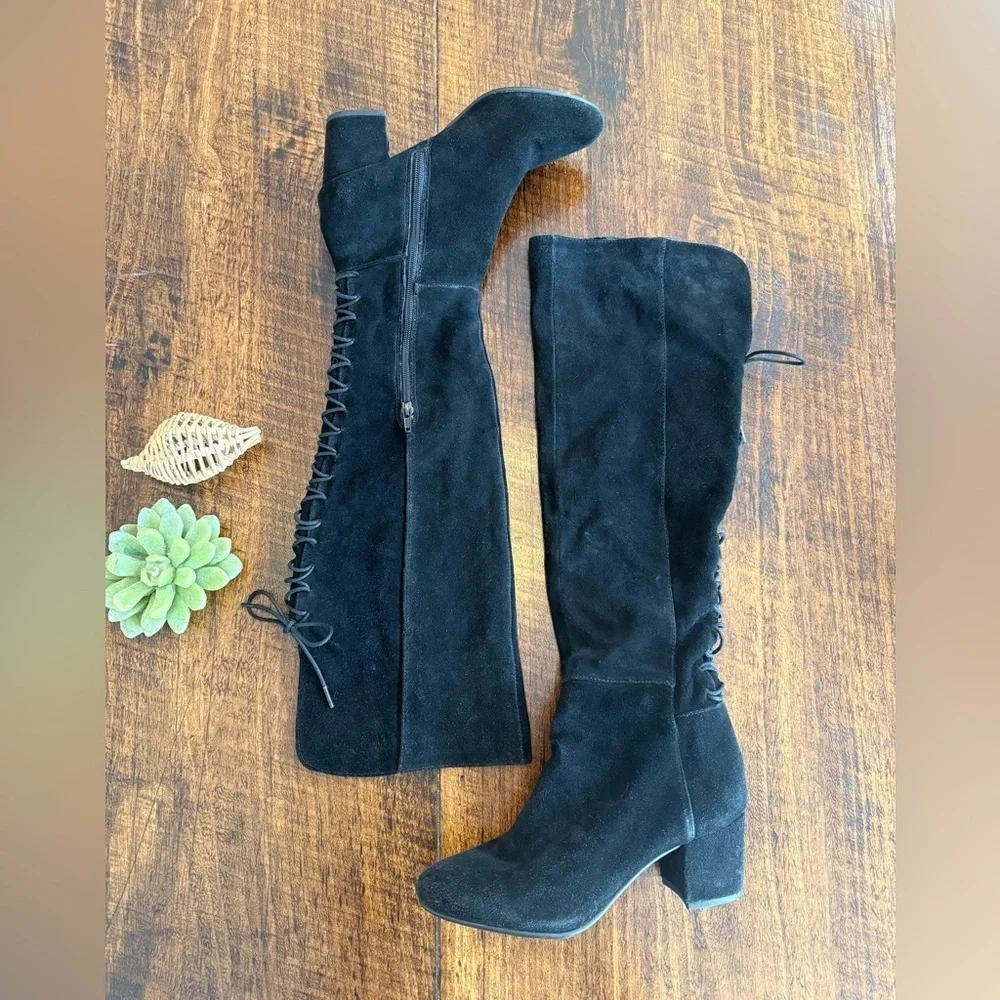 Steve Madden | Hansil Lace-Up, Over the Knee Block Heel Boot, Black Suede, 8M